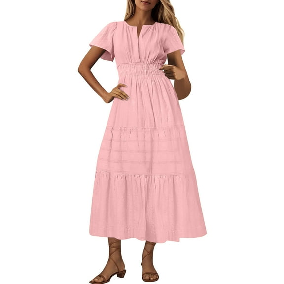RYRJJ Women's Summer Casual Midi Maxi Dresses Short Sleeve V Neck Elastic Waist Boho Beach Flowy Long Dress with Pockets(Pink,XXL)