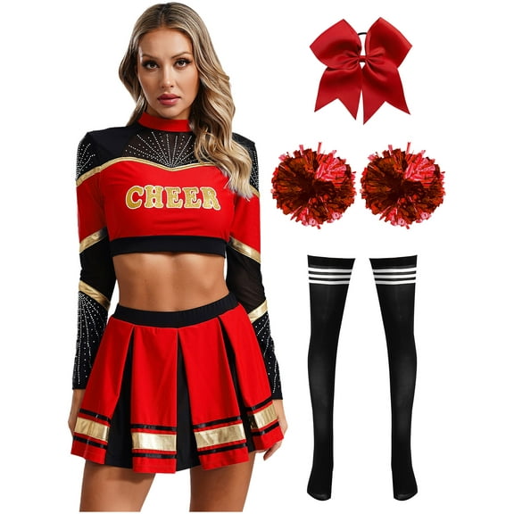 iiniim Womens Cheerleading Costume Long Sleeve Crop Top with Mini Pleated Skirt and Accessories Red&Black S