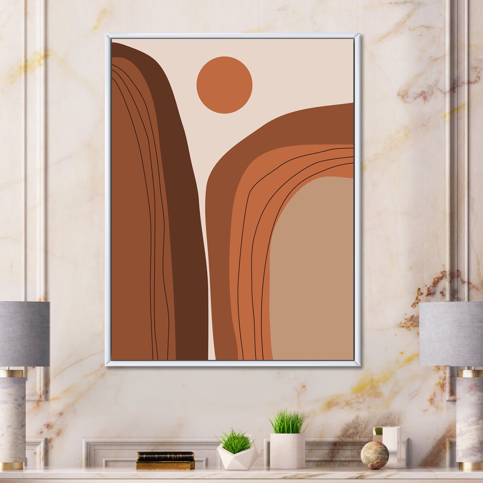 Designart 'Abstract Terracotta Mountain Landscape Sunset ' Modern Framed Canvas Wall Art Print