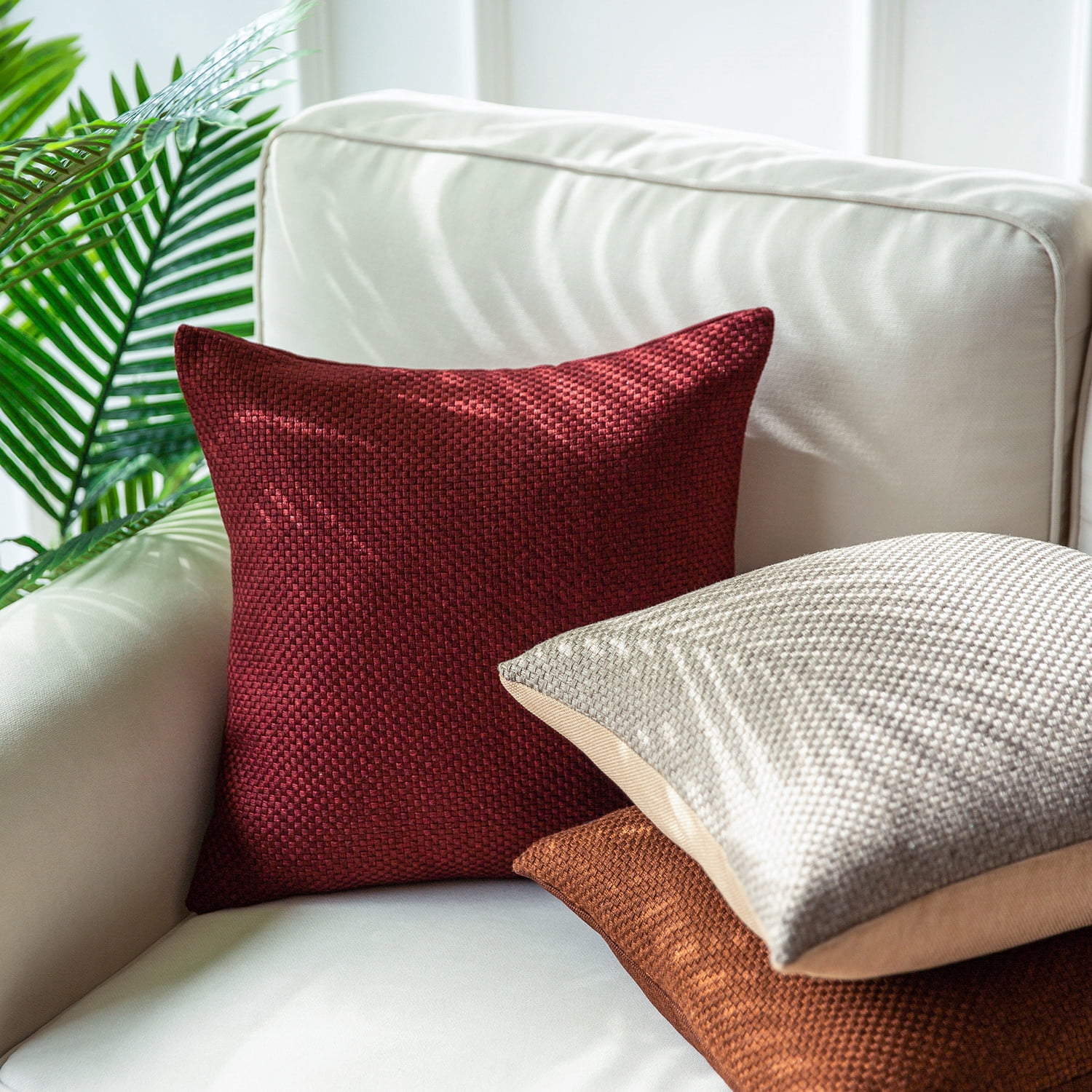 Phantoscope Classic Woven Textured Thick Solid Color Checker Plaid Series Outdoor Decorative Throw Pillow for Patio, 18" x 18", Wine Red, 2 Pack