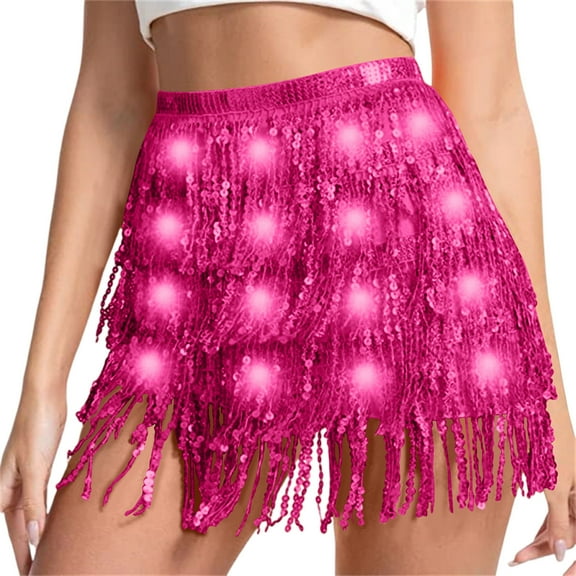 UQJfacai Sparkly Sequin Fringe Skirt Light Up Tassel Shorts Belly Dance Skirts Rave Festival Outfits for Women