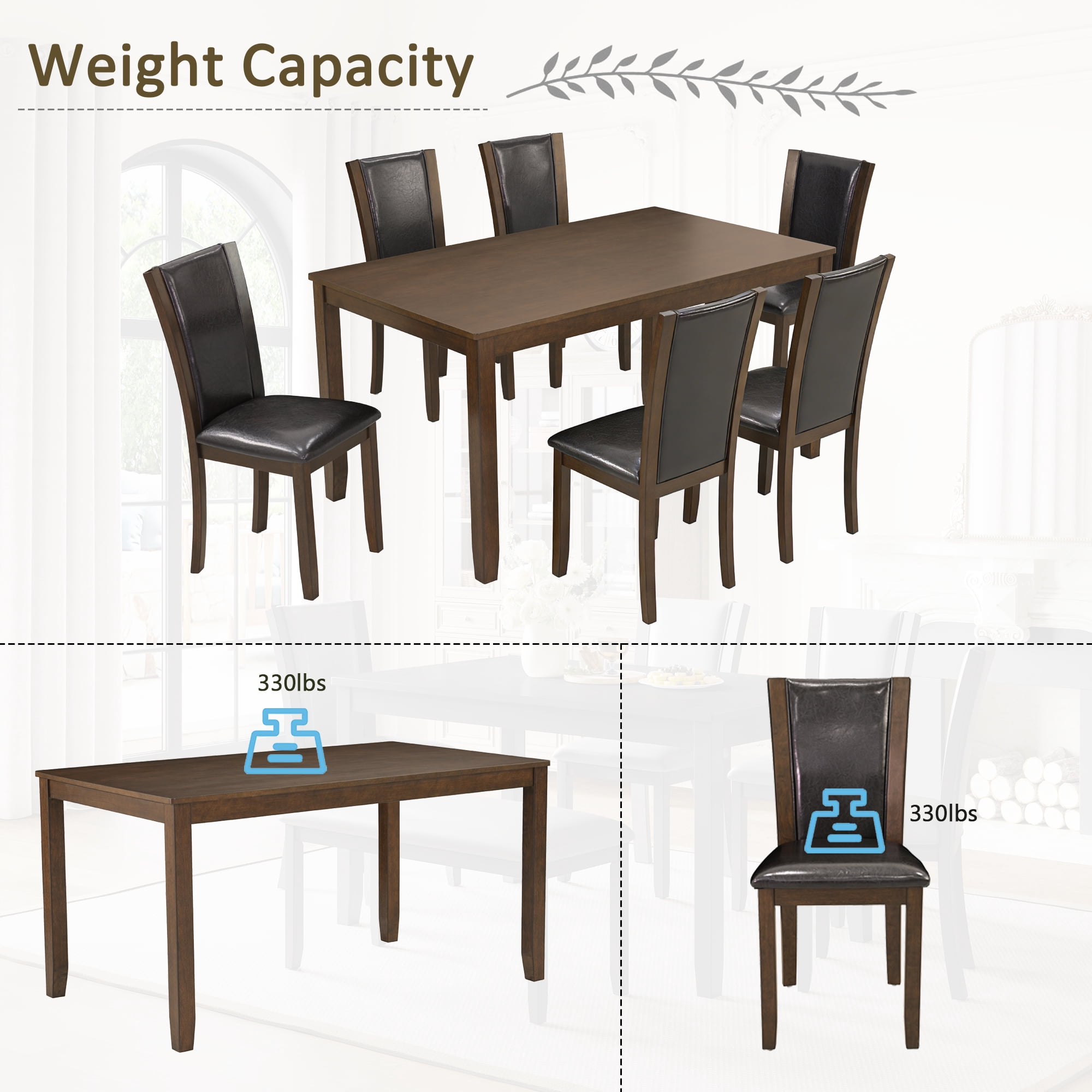 7-Piece Dining Table Set for 6, 58.5" Rectangular Dining Table with 6 Upholstered Chairs
