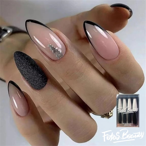 Fofosbeauty 24pcs Almond Fake Nails Tips, Medium Press on French Nails, Almond French V Black Powder Matte