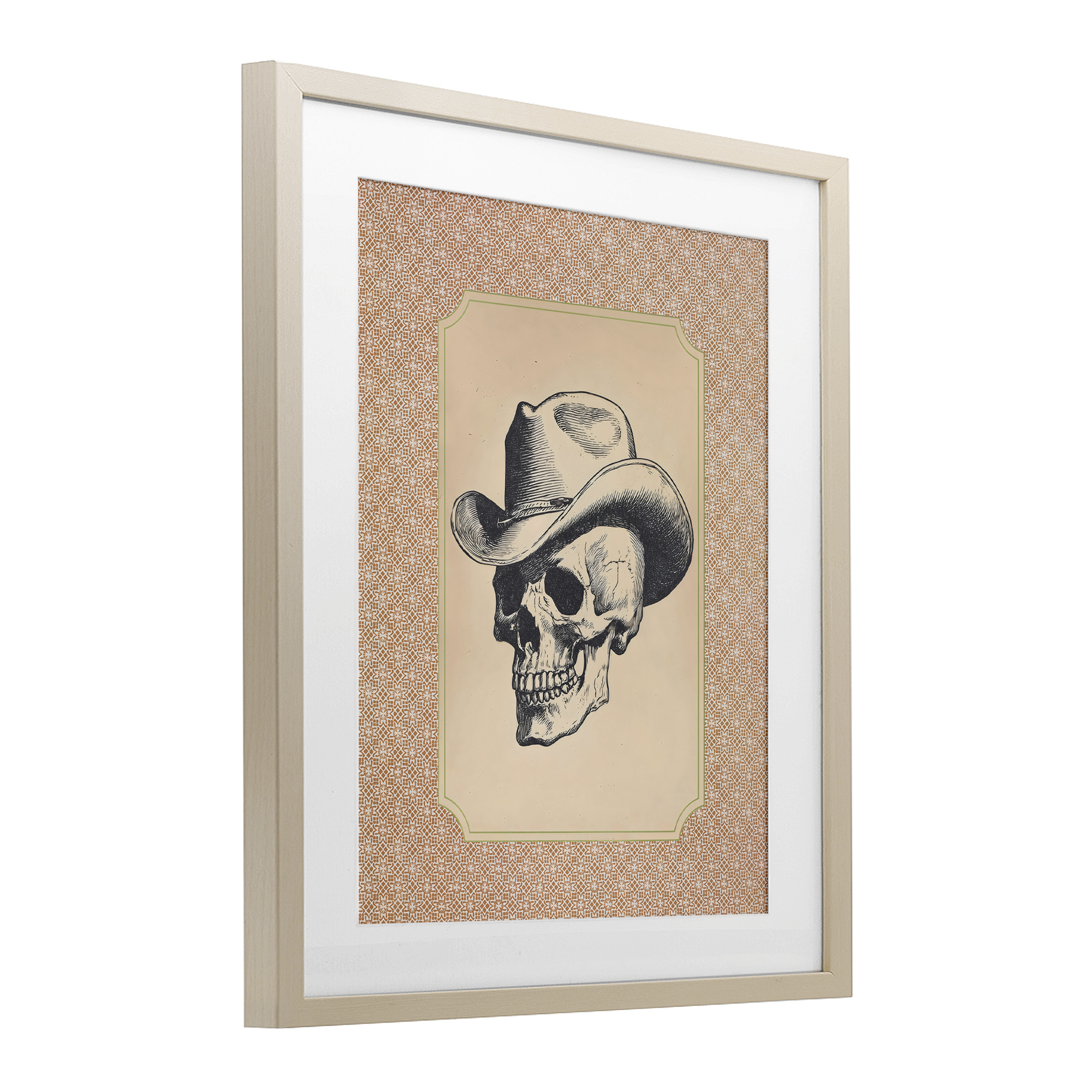 Vintage Cowboy Skull Birch Framed Print Under Glass, design by Arlington Prints