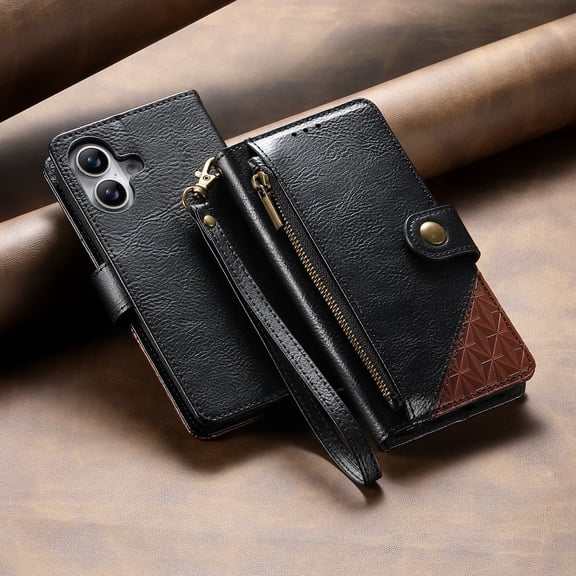 ELEHOLD For iPhone 16 Wallet Case,Business Leather Shockproof PU Leather Flip Zipper Card Pocket Phone Case with Strap,Black