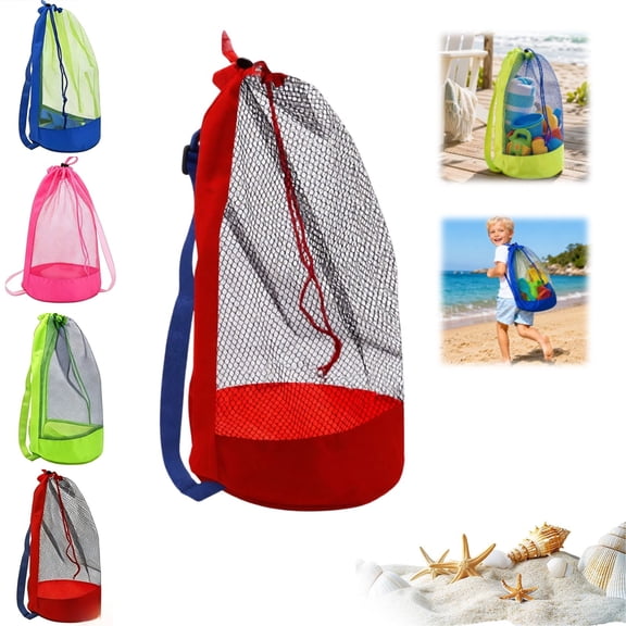 Mesh Beach Toy Bag for Kids, Drawstring Backpack Organizer with Durable Fabric Bottom, Breathable Sand Toys and Seashell Tote, Essential Vacation Travel Gear