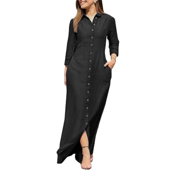Women's Denim Shirt Dress, Plus Size Casual Button-Down with Pockets & Flared Skirt, Comfortable A-Line Dress for Spring & Summer Outings Black 2XL
