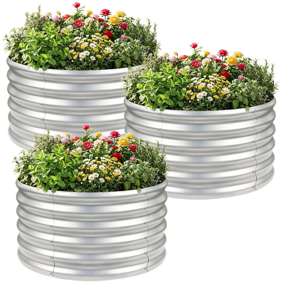 Land Guard 3 Pcs 2x2X2FT Round Galvanized Raised Garden Bed Kit, Silver Outdoor Planter Garden Bed, Metal Raised Box for Vegetables, Fruits, Flowers & Herbs