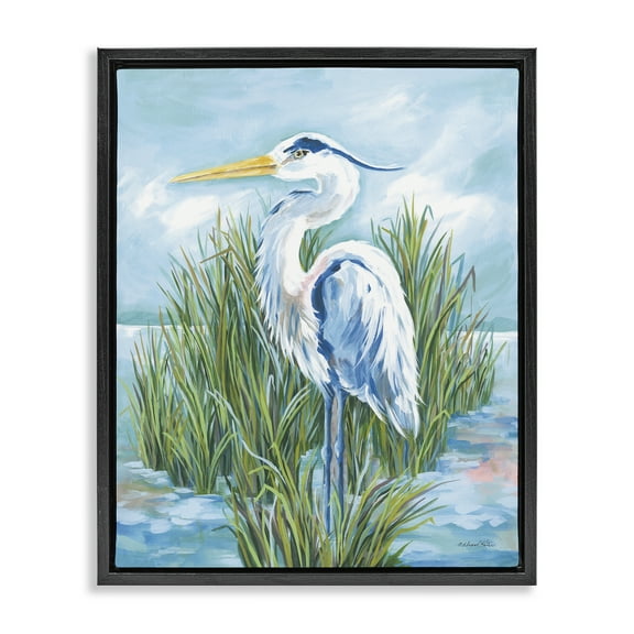 Stupell Industries Coastal Heron Bird Animals Painting Black Floater Framed Canvas Art Print Wall Art, 17 x 21