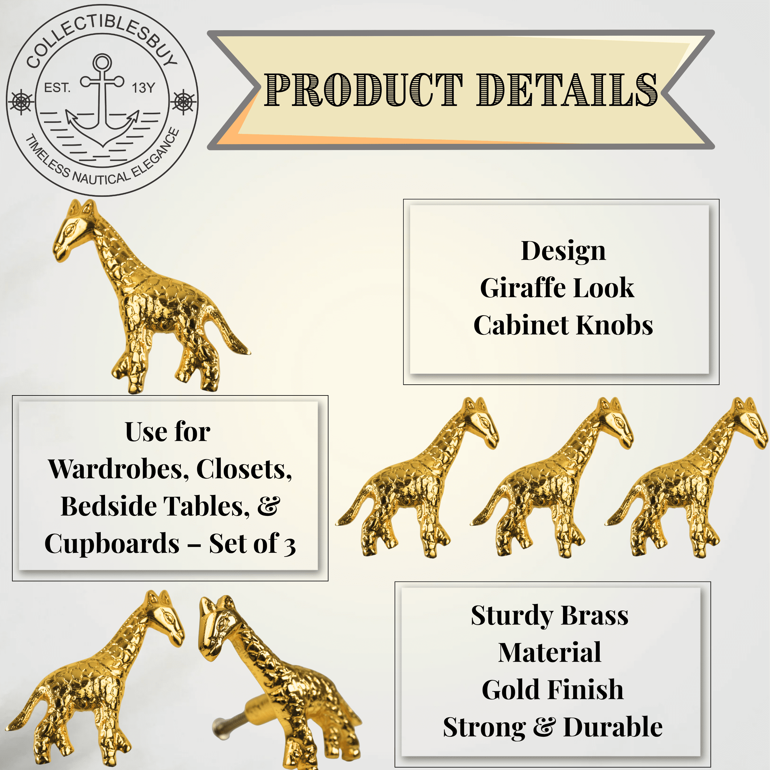 Vintage Shiny Brass Giraffe Cabinet Knob – Unique Animal Drawer Pull Handle for Room, Dresser, Cupboard & Closet | Nature Theme Furniture Hardware (Giraffe Set of 3)