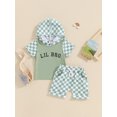 thumbnail image 3 of Aojekbee Toddler Boys Summer Shorts Sets Short Sleeve Letter Checkerboard Print Hooded Tops and Drawstring Shorts Sets, 3 of 10
