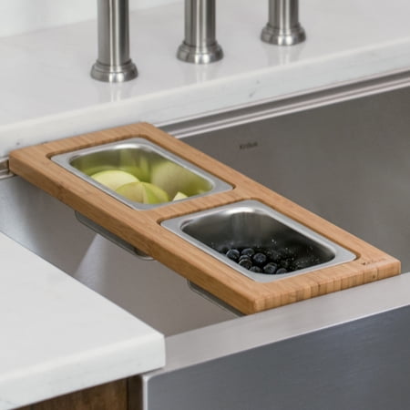KRAUS Workstation Kitchen Sink Serving Board Set with Rectangular Stainless Steel Bowls