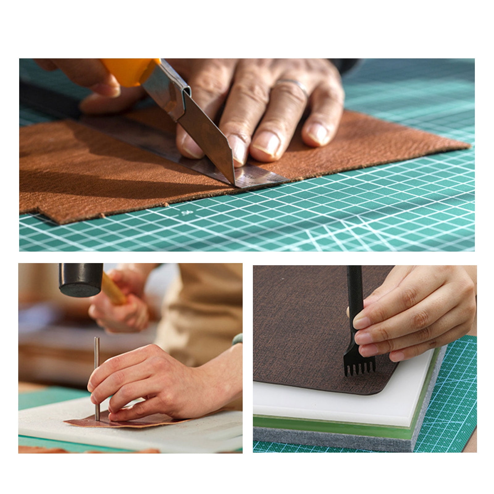 Leather Tools Leather Carving Tool Leather Stamping Tools with Hammer Cutting Mat Leather Hole Punched Tool for Craft