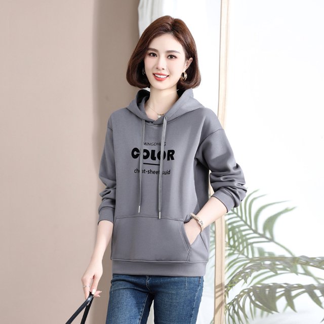 Mamá de mediana edad Nuevo diseño de suéter corto de moda estilo occidental con capucha con letras otoño e invierno con forro polar estilo coreano de mediana edad y ancianos