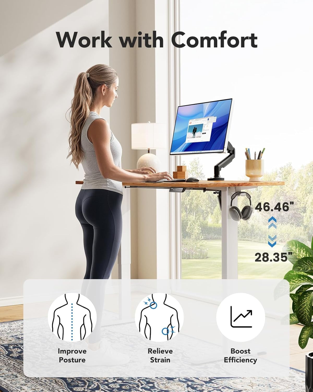 Kyspho 60" x 24" One Piece Electric Standing Desk, Height Adjustable Computer Desk with 4 Height Memory Settings, Sit Stand up Desk for Home Office, Light Brown