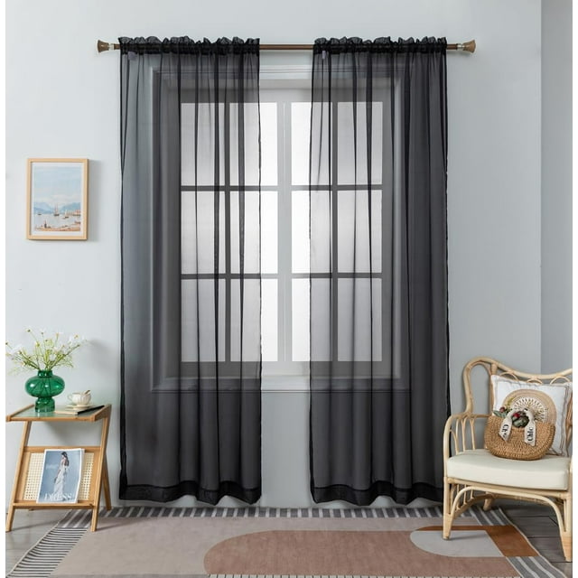 Wpm Cortinas Transparentes Negras De 60 Pulgadas De Ancho X 95 Pulgadas De Largo, 2 Paneles, Tratamiento De Ventana Para Sala De Estar, Bolsillo Para Barra, Gasa Transparente Para Dormitorio, Cocina,