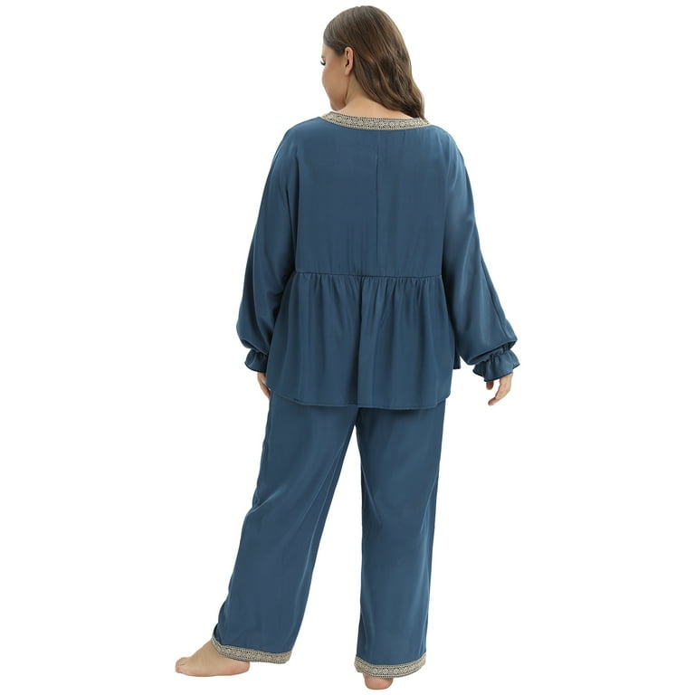 WBQ Women s Plus Size Pajamas Set Long Sleeve V Neck Ruffle Sleepwear Tops Long Pants 2 Piece Loungewear Pjs Set Vintage Sleepwear XL 4XL
