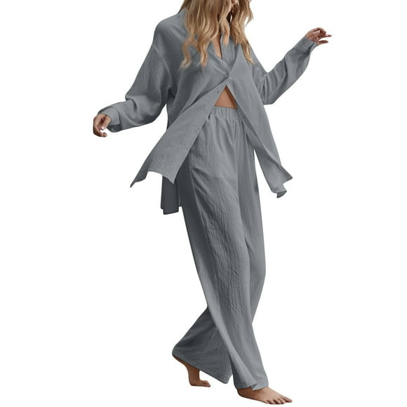 Clearance FUNUONY Lounge Set Women Ladies 2 Retro Plus Size Cotton and Shirt Suit High Waist Slacks Suit Top Pants Long Sleeve Track Suits for Women Set 2 Piece Sets for Women Gray M