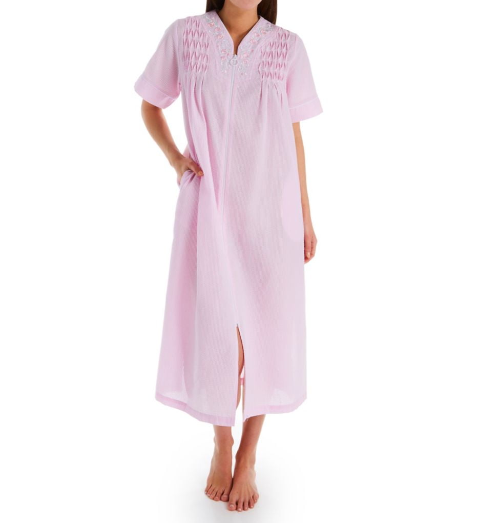 Women's Miss Elaine 864639 Long Seersucker Zipper Front Short Sleeve