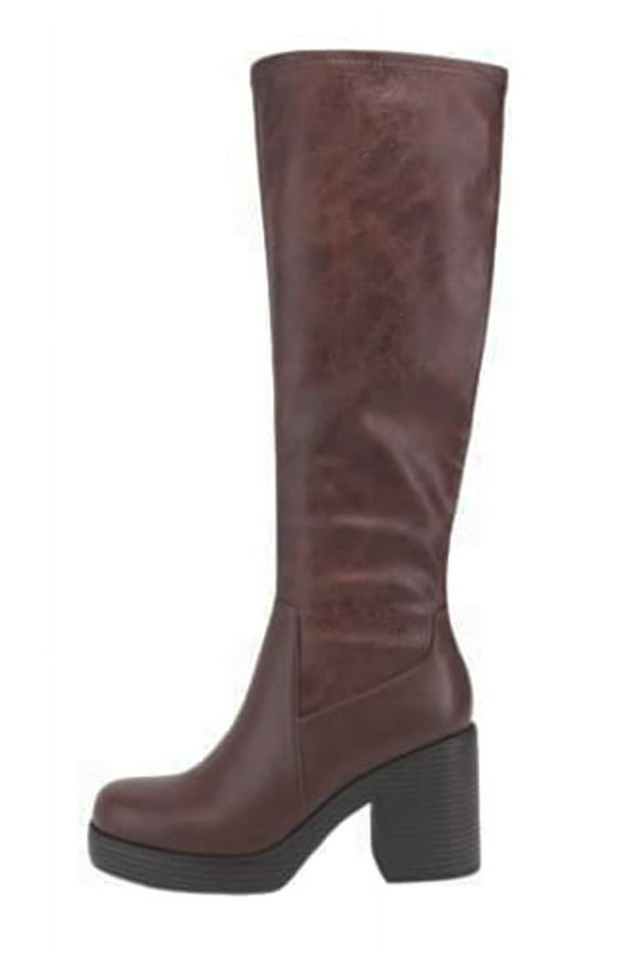 Women Block Chunky Heel Knee High Boots Platform Side Zipper SONIA-H Brown 11