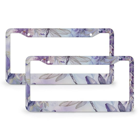 Purple Wildflower Floral Dragonfly License Plate Frames 2 PCS Vintage Summer Botanical License Plate Cover Front Plates Frames Car Tag Frame Fits All Car 2 Hole Metal License Plate Frame