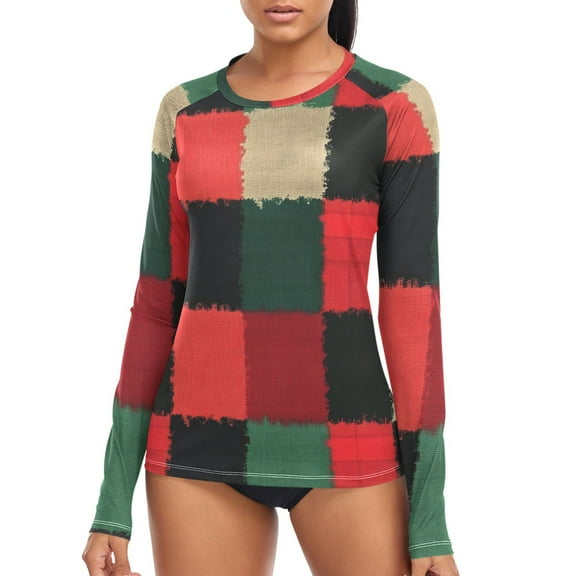 joogoo Womens UPF 50  Sun Shirts Red Checkered Grid Long Sleeve UV Protection Rash Guard Tops S