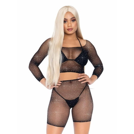 Leg Avenue Women's 2 PC Rhinestone Fishnet Top and Shorts