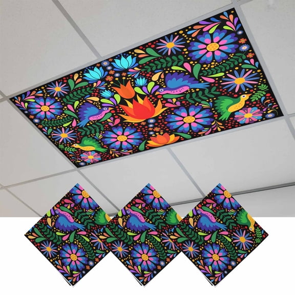 Mexican Flower Magnetic Fluorescent Light Covers for Ceiling Lights 2x4Ft, Abstract Colorful Floral Leaf Plant Office Classroom Kitchen Drop Ceiling Light Covers Lighting Filters Shade Panel 3 Packs