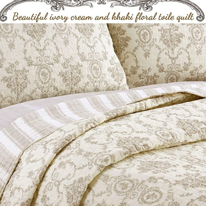 Cozy Line French Medallion Toile Ivory Tan 100% Cotton 3-Piece Quilt Set, Queen Set