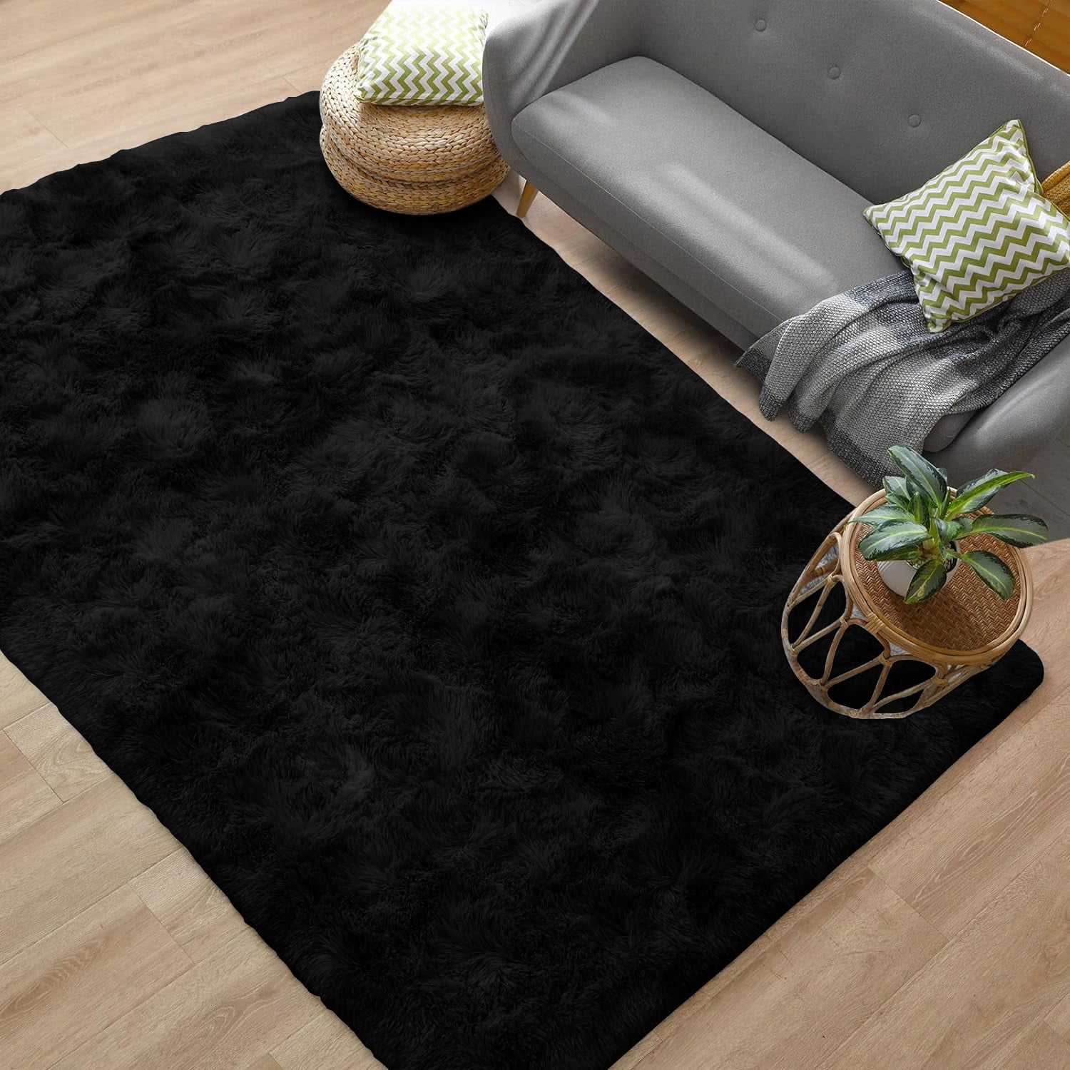 Debonair Super Soft Shaggy Rugs Fluffy Carpets 4x5.3 Feet Indoor Modern Plush Area Rugs for Living Room Bedroom Home Decor Upgrade Anti-Skid Rectangular Fuzzy Rug, Black