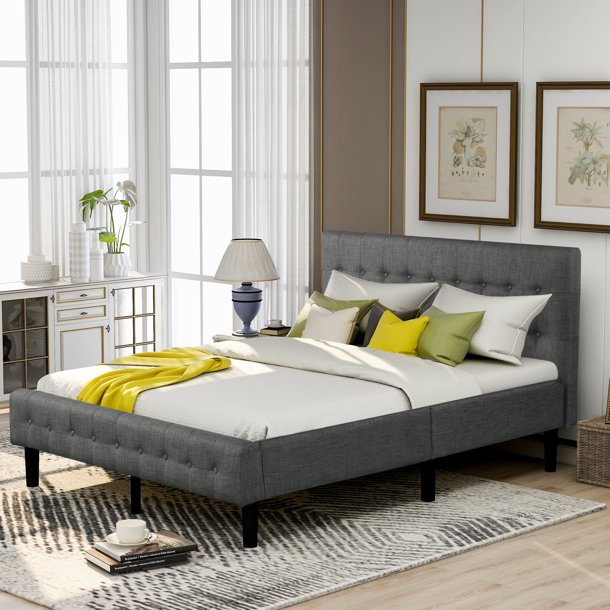 Clearance! Queen Bed Frame with Headboard, Modern Fabric Upholstered