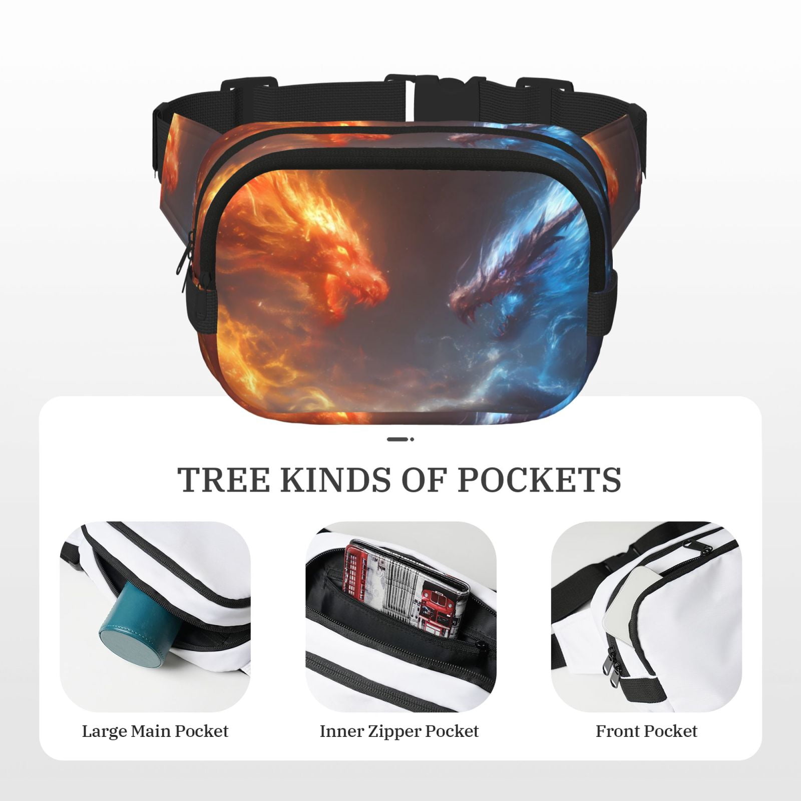 Picia Red And Blue Fire Dragon D Print Square Double-Layer Waist Bag Mini Adjustable Waist Belt Bag Exercise Running Travel Hiking