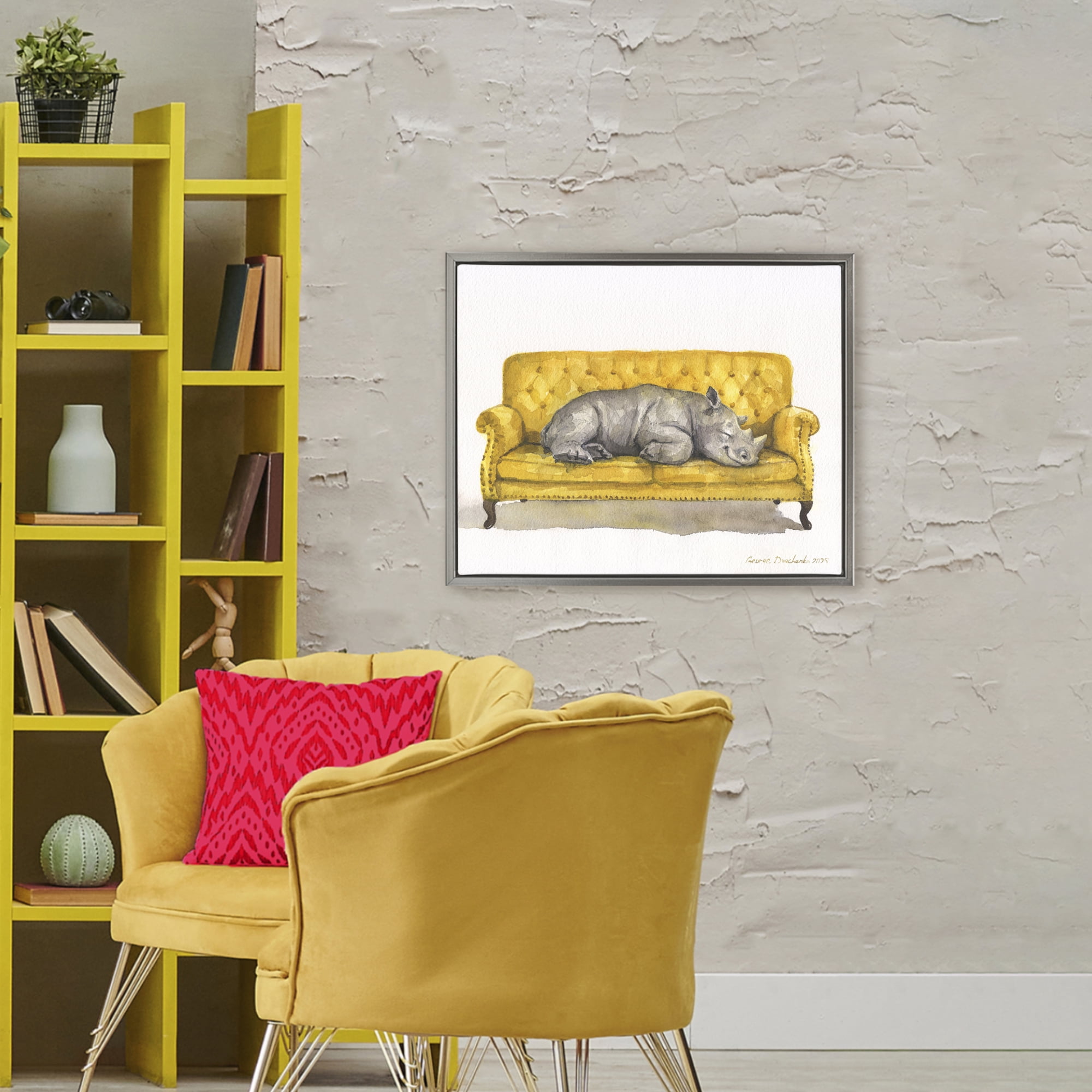Stupell Industries Cute Rhino Resting Gray Framed Floater Canvas Wall Art, design by George Dyachenko