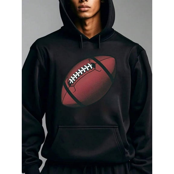 Men's Football Graphic Fleece Hoodie – Black Pullover with Red & White Print, Warm Winter Sweatshirt for Sports Fans & Casual Streetwear