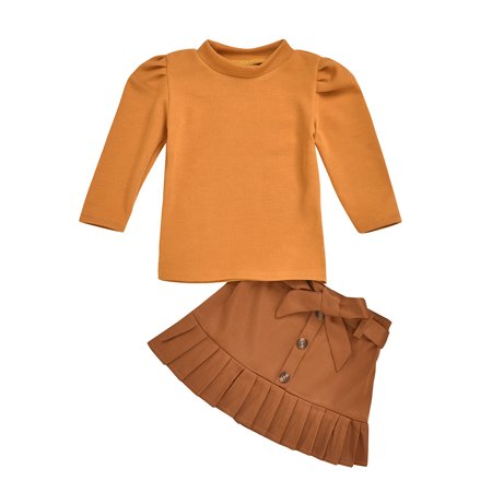 

Odeerbi Girls Dress Baby Girls Clothes Newborn Toddler Suit Pullover Orange Red Puff Sleeve T-shirt One-piece Short Skirt Two-piece Suit Brown