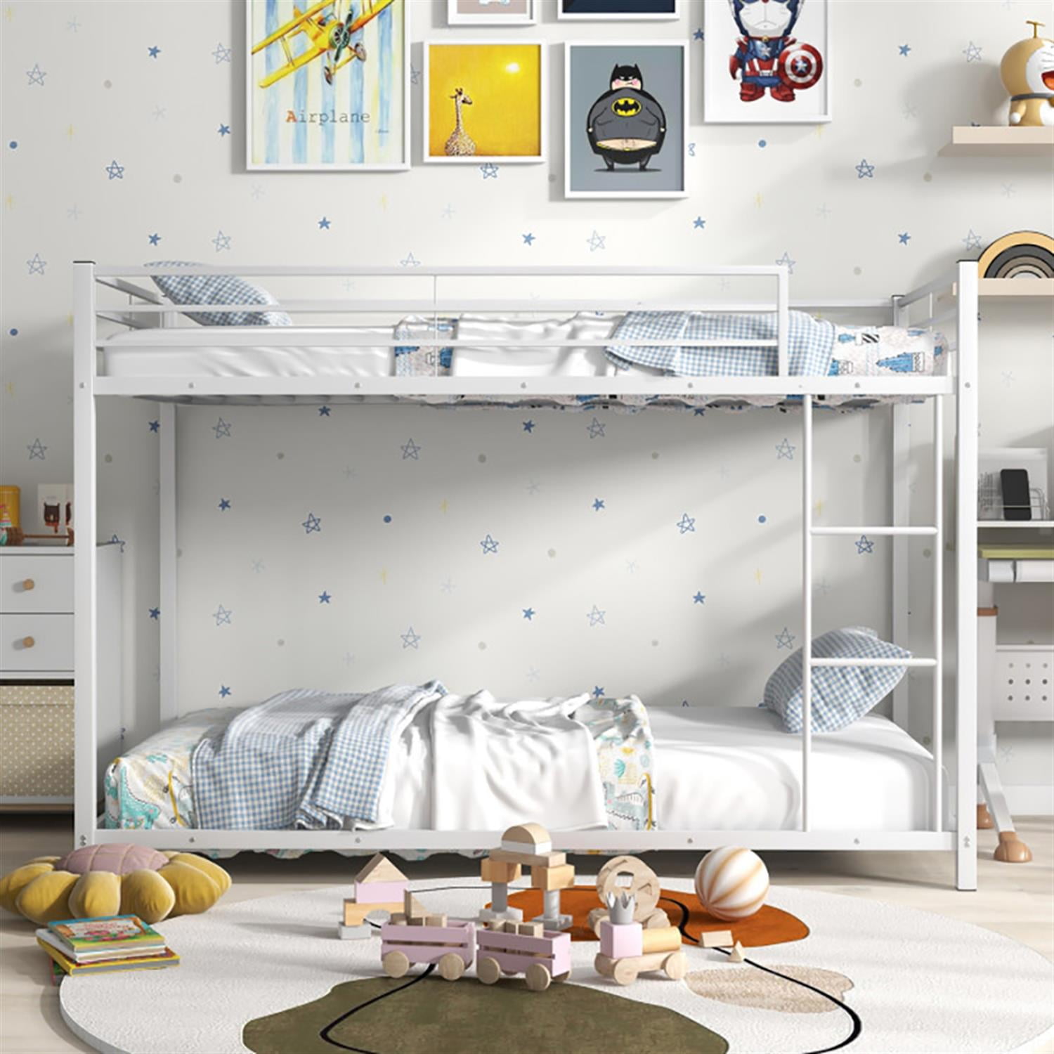 Demi Bonn Low Profile Twin Over Twin Bunk Bed with Full-length Guardrails, Sturdy Metal Twin Bunk Beds, Bed Frame, White