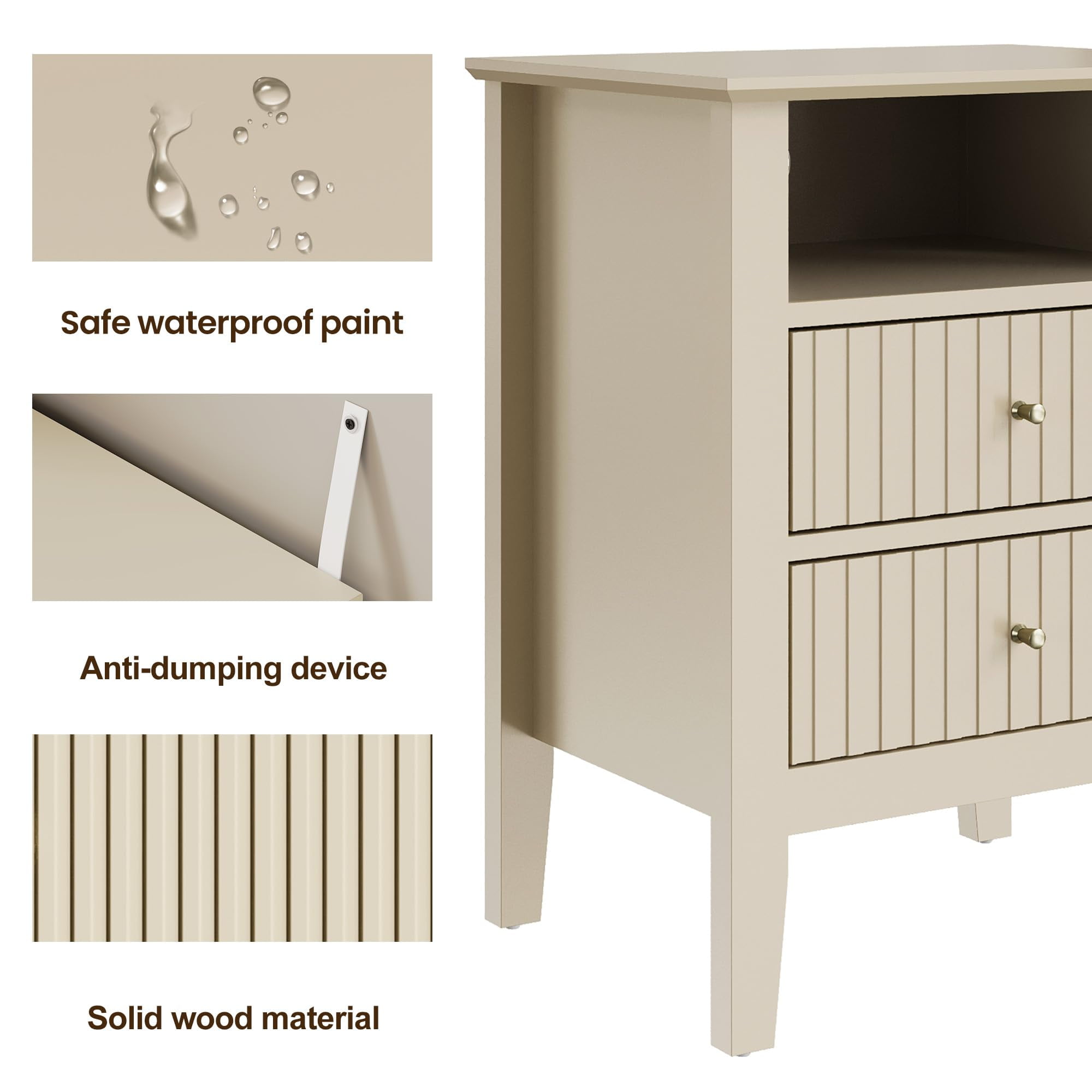 Heynemo Beige Fluted Nightstand with 2 Drawers Set of 2, Modern Wooden Sofa Table for Small Spaces, Tall End Table for Bedroom, Living Room