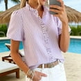 thumbnail image 2 of QASIEATN Ladies' Puff Sleeve Button Up Tops Summer Striped Stand Up Collar Fashionable Casual Loose Short Sleeved T Shirt, 2 of 5