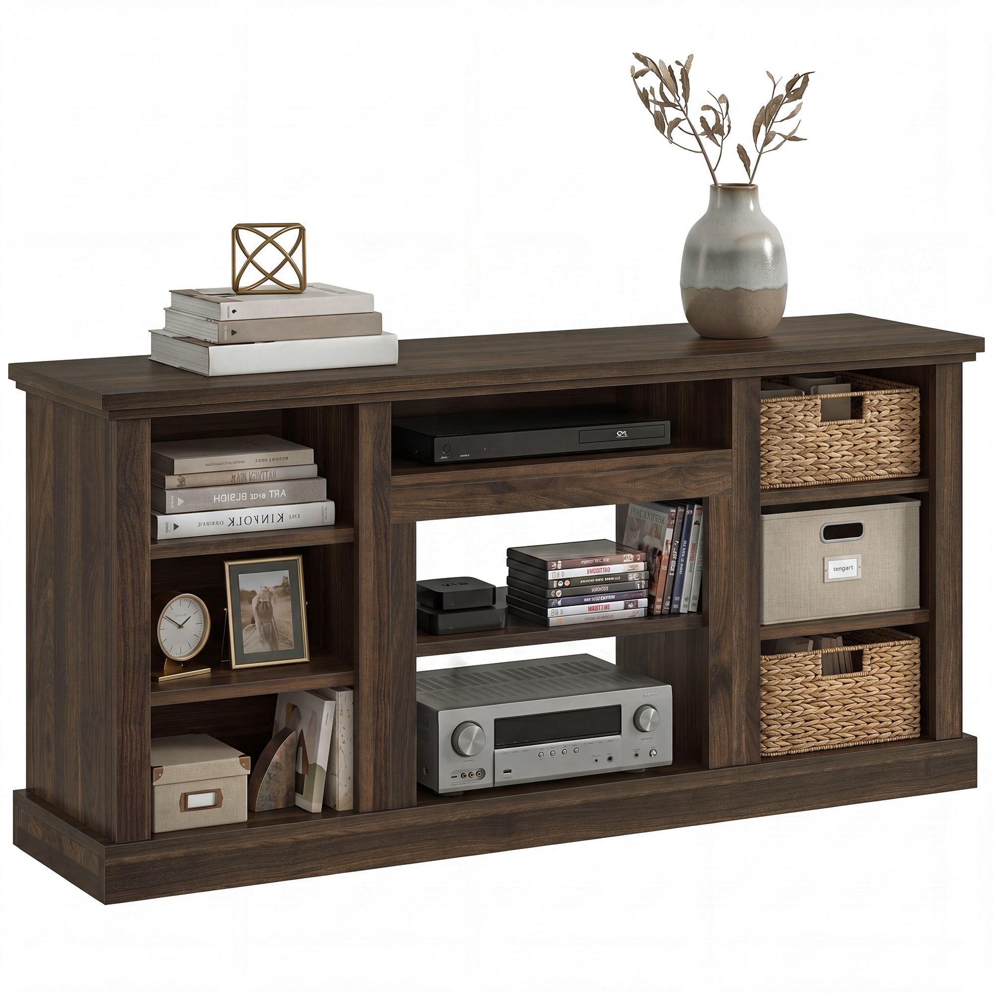 Uforic 70"W Farmhouse TV Stand, Adjustable Shelf Entertainment Center for 75/80 Inch TVs, Walnut