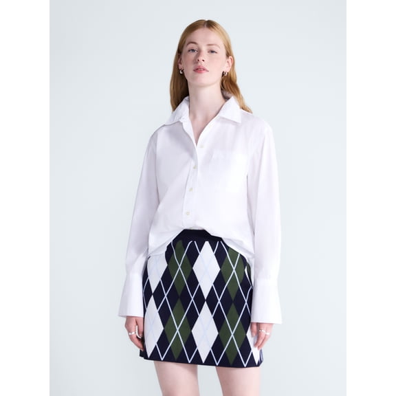 Free Assembly Women's and Women's Plus Button Front Cotton Shirt with Long Sleeves, Sizes XS-4X