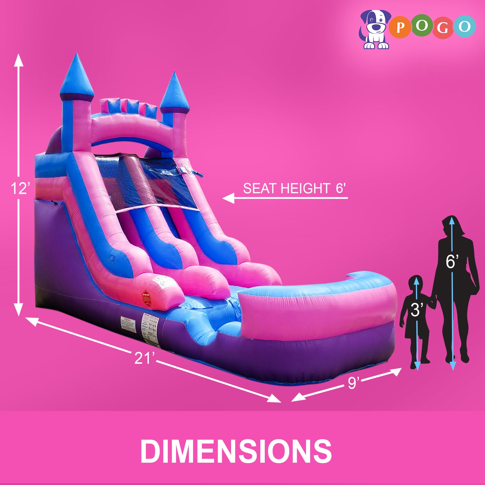 Pogo Bounce House Crossover Kids Inflatable Water Slide, Pink Castle With Blower, 12 ft