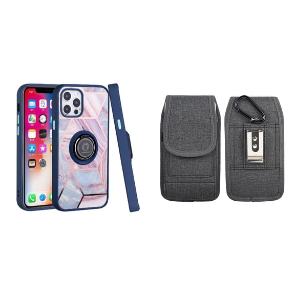 Bemz Ring Series Case for iPhone 14 Plus (TPU Silicone Cover with Magnetic Stand) and Vertical Nylon Fabric Belt Holster Pouch (Blue on Pink Marble/Grey)