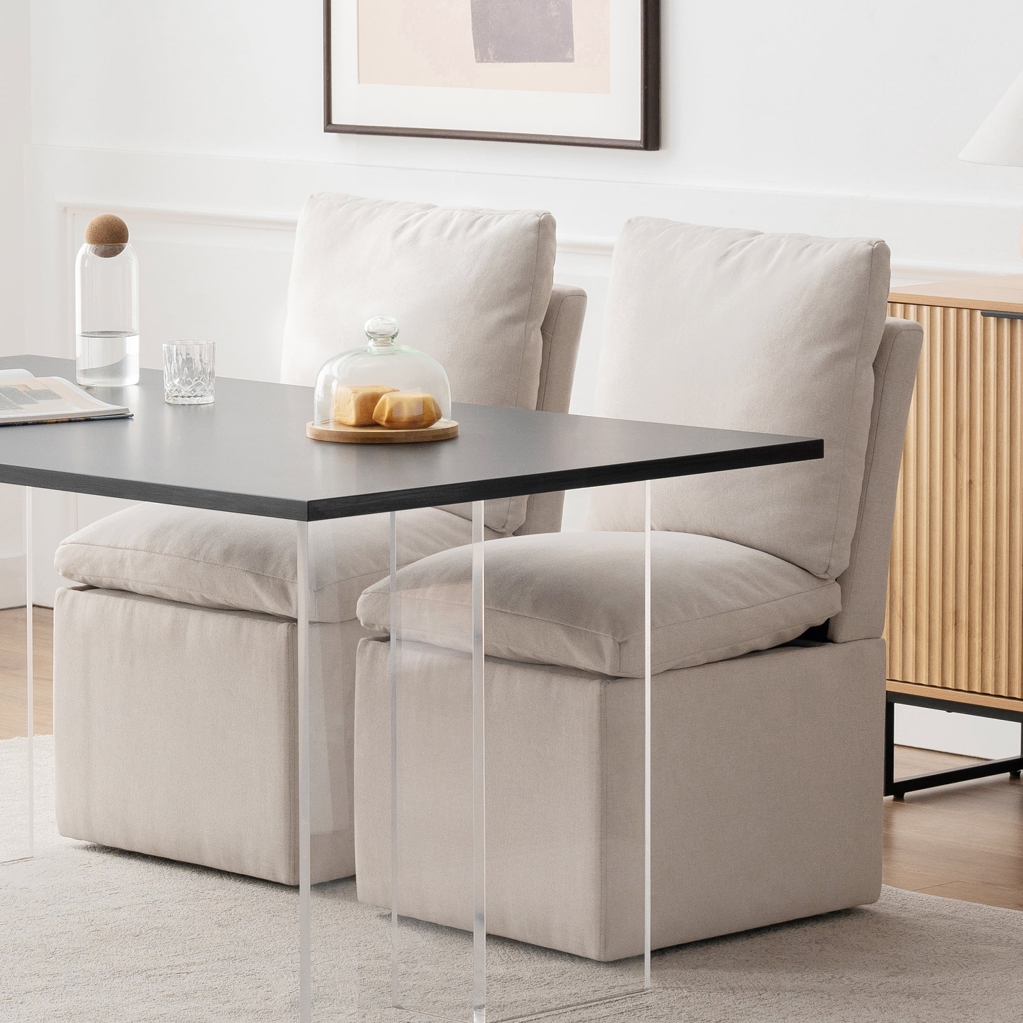 EYYTHUNG Modern Dining Chair with Casters Set of 4, Upholstered Dining Room Chairs with Concealed Storage Space, Linen Fabric Armless Seat