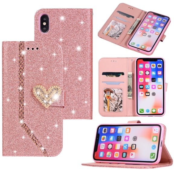 iPhone XS Max, Allytech Synthetic Leather Heart Magnetic Closure Bling Glitter Kickstand Folio Protective Shock-Absorbing Cards Slots Wallet Case Cover for Apple iPhone XS Max 6.5" 2018, Rosegold