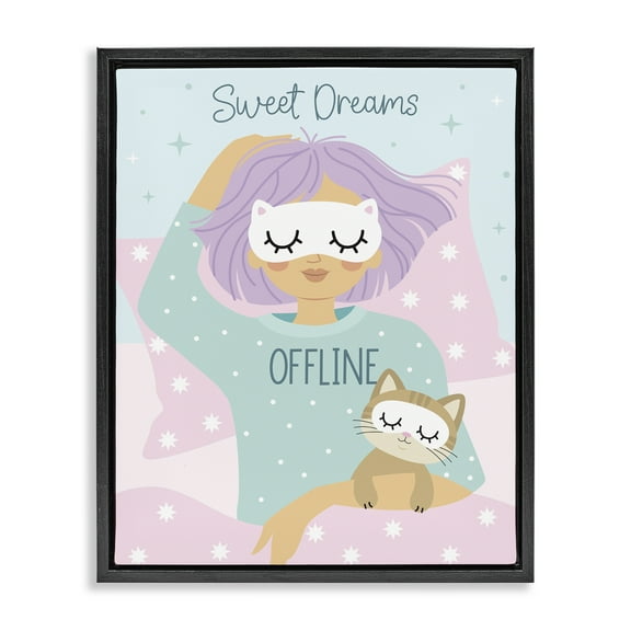 Stupell Industries Sweet Dreams Girl & Cat People Painting Black Floater Framed Canvas Art Print Wall Art, 17 x 21