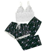 Women's Satin Pajama Set 7pcs Floral Lace Trim Cami Top Lingerie Shorts Sleepwear with Robe PJs Sets for Women