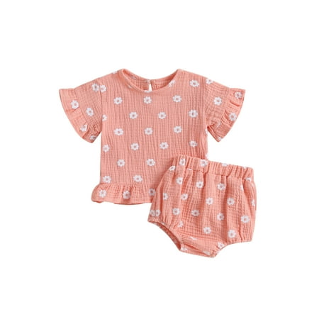 

HOANSELAY Baby Girl 2Pcs Summer Outfits Short Sleeve Floral Tops + Bloomer Shorts Set Clothes