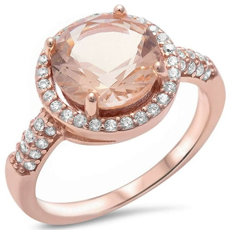 Rose Gold Pave Rose Gold Plated Silver Halo Simulated Morganite & Pave Cubic Zirconia Ring Sizes 5-11 ()