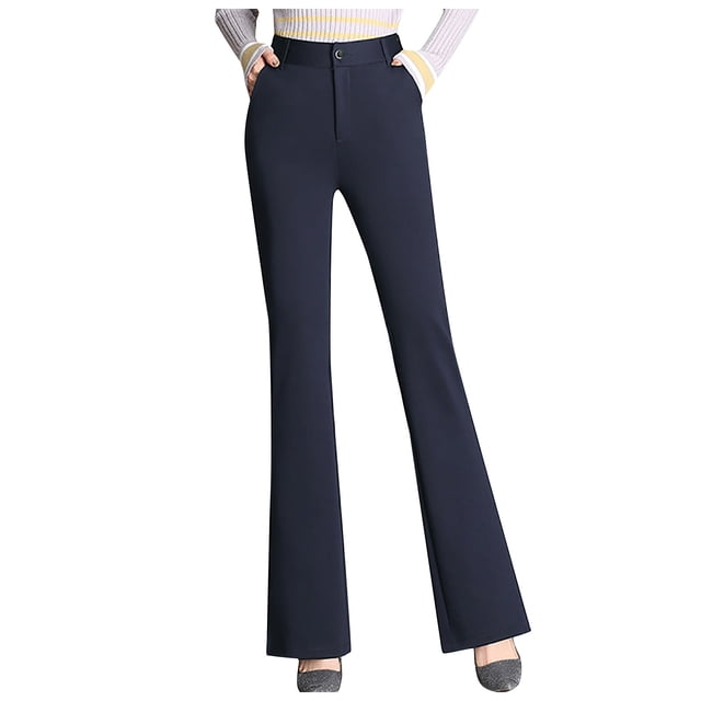 Pantalones rectos de cintura alta para mujer: cintura elástica, pantalones acampanados con bolsillos