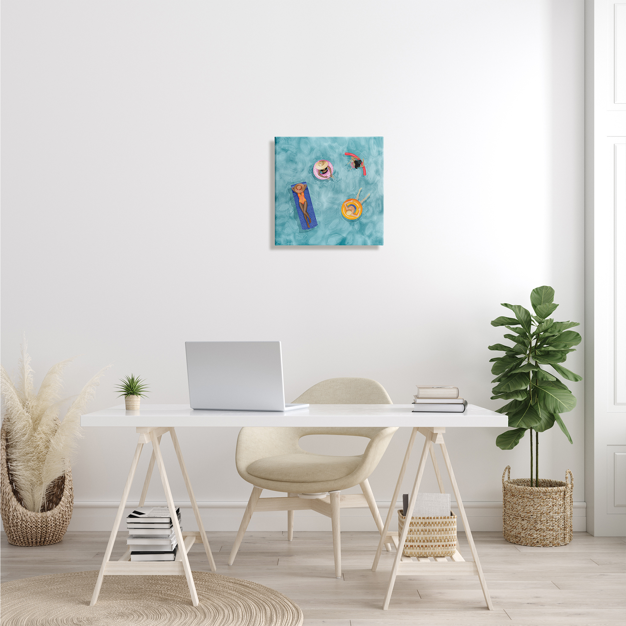 Group of People Lounging In Water Pool Toys Coastal Gallery-Wrapped Canvas Print Wall Art, 17x17